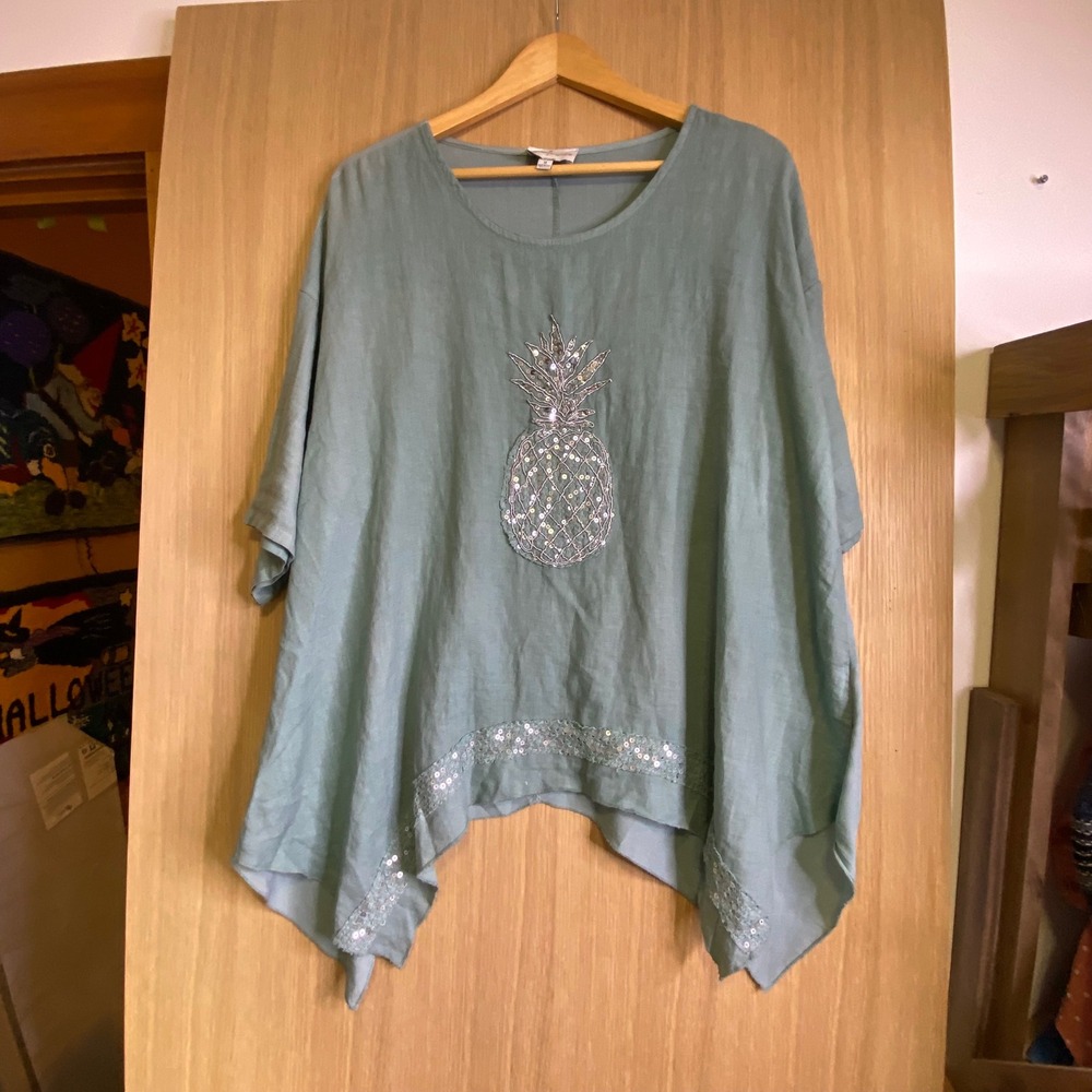Belle France Women M Linen Top Sage Green Sequin Pineapple Sharkbite Hem Italy